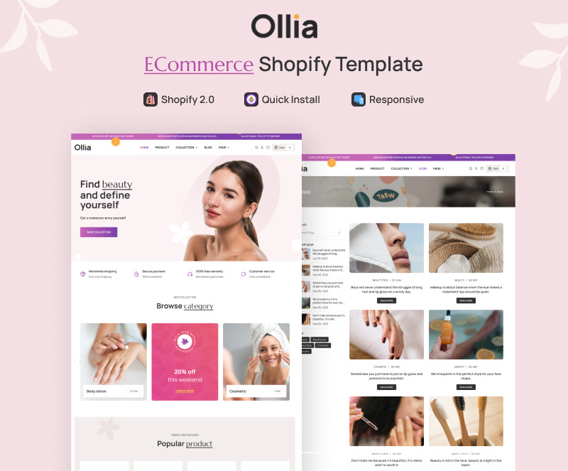 Ollia - 化妆品和美容、健康治疗 Shopify 2.0 主题 #347540