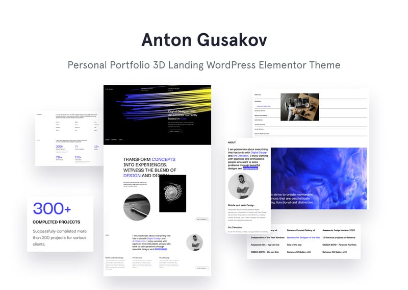 Anton Gusakov - 个人作品集 3D 登陆 WordPress Elementor 主题